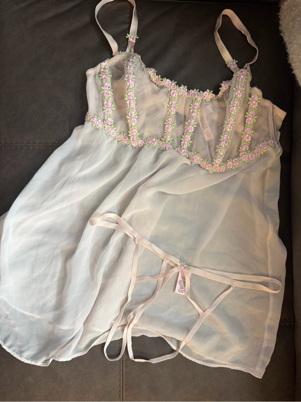 Victoria's Secret Sheer Babydoll Chemise with Pink & Green Floral Trim